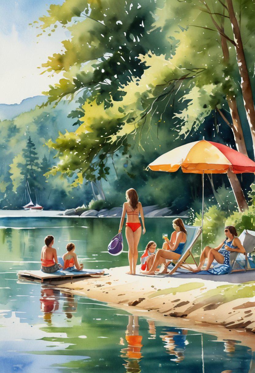 A serene lakeside scene with a family enjoying water activities, showcasing various stylish and functional swimwear. Include a vibrant beach umbrella, picnic setup with snacks, and lush greenery in the background. Capture the joyful expressions of adults and children splashing in the water, with a cozy tent nearby. Highlight the contrast between the comfort of camping gear and the fun of water play. watercolor painting. bright colors.