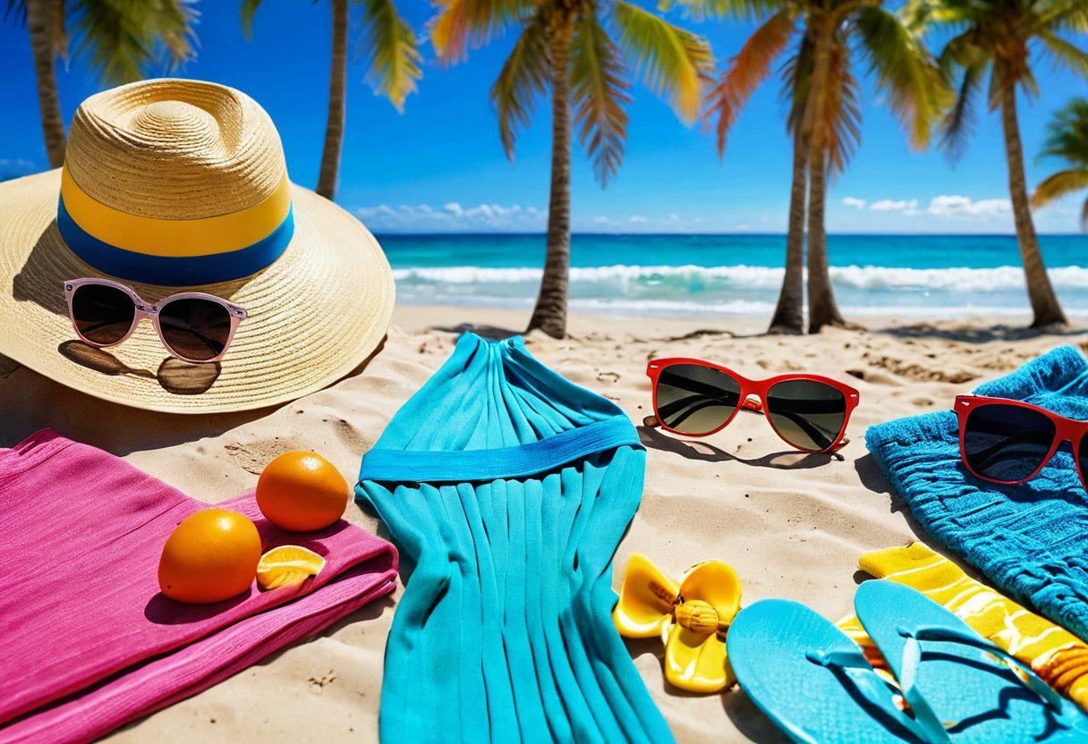 A vibrant beach scene featuring an array of stylish bikinis displayed on a sunlit sandy shore, complemented by colorful beach accessories like sunglasses, beach hats, and towels scattered around. In the background, gentle waves kiss the shore under a clear blue sky, capturing the essence of summer. Include palm trees swaying gracefully, adding a tropical feel. bright colors. super-realistic. sunny atmosphere.
